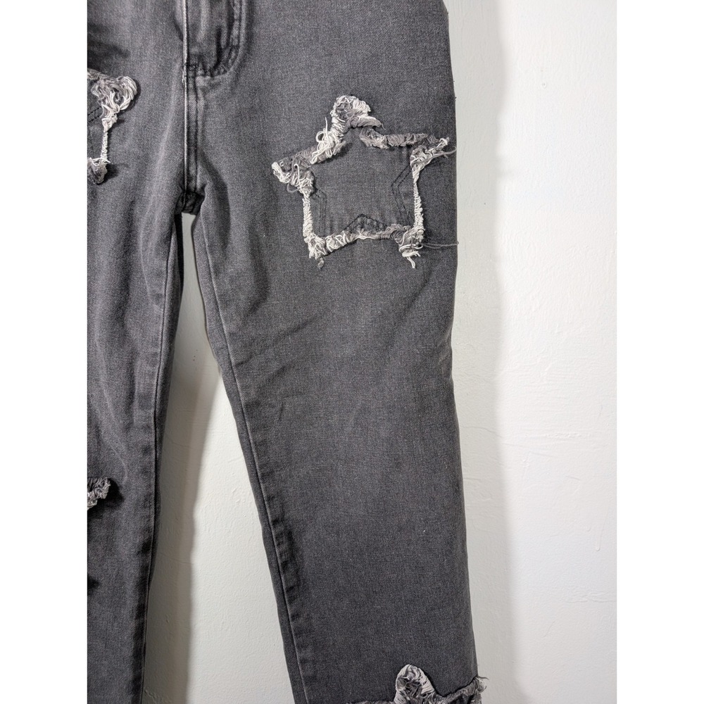 Women's M Black Stone Wash High Rise Mom Jeans‎ Star Pattern Distressed - Picture 2 of 7